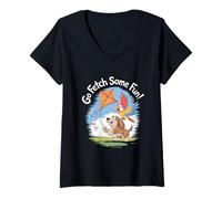 Womens Go Fetch Some Fun Cartoon Dog and Parrot Flying a Kite V-Neck T-Shirt