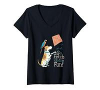 Womens Go Fetch Some Fun Cartoon Dog and Parrot Flying a Kite V-Neck T-Shirt