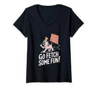 Womens Go Fetch Some Fun Cartoon Dog and Parrot Flying a Kite V-Neck T-Shirt
