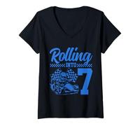 Womens Go Kart Racing 7th Birthday Rolling Into 7 Funny Boys Kids V-Neck T-Shirt
