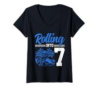 Womens Go Kart Racing 7th Birthday Rolling Into 7 Funny Boys Kids V-Neck T-Shirt