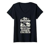 Women's Go Outside Bear Camping Dark Humor V-Neck T-Shirt