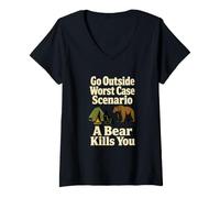 Women's Go Outside Bear Camping Worst Case Humor V-Neck T-Shirt