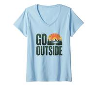 Womens Go Outside Mountain Sunrise Landscape Typography V-Neck T-Shirt