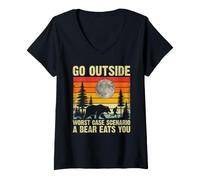 Women's Go Outside Worst Case A Bear Eats You Funny Hiking Camping V-Neck T-Shirt