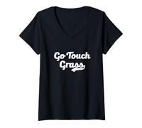 Womens Go Touch Grass Gen Z Slang Reality Nature Disconnect Log Off V-Neck T-Shirt