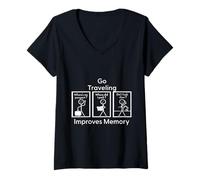 Women's Go Traveling Improves Memory Funny Stick Figure Comic V-Neck T-Shirt