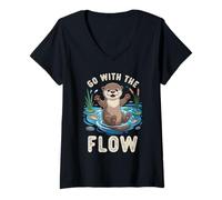 Women's Go with Otter Funny Relaxing River Otter Art V-Neck T-Shirt
