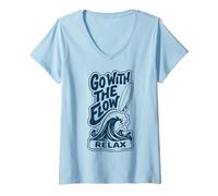 Women's Go with The Flow Relax Surf Wave Beach Lifestyle Graphic V-Neck T-Shirt