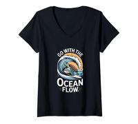Womens Go with The Ocean Flow Turtle Wave V-Neck T-Shirt