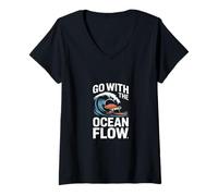 Womens Go with The Ocean Flow Turtle Wave V-Neck T-Shirt