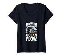 Womens Go with The Ocean Flow Turtle Wave V-Neck T-Shirt