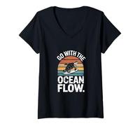 Womens Go with The Ocean Flow Turtle Wave V-Neck T-Shirt