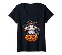 Womens Goat Wearing Knitted Hat Halloween Carved Pumpkins Farmer V-Neck T-Shirt