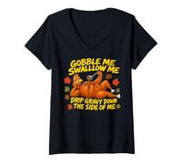 Women's Gobble Me Swallow Me Drip Gravy Down The Side of Me Fall Pun V-Neck T-Shirt