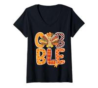 Womens Gobble Till You Wobble Cool Turkey Thanksgiving Gobble V-Neck T-Shirt