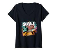 Womens Gobble Till You Wobble Turkey Skateboard Funny Thanksgiving V-Neck T-Shirt