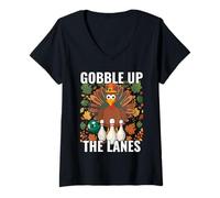 Womens Gobble Up The Lanes Bowling Turkey Thanksgiving Cute Autumn V-Neck T-Shirt