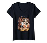 Women's Goblincore Skeleton Camper Enjoying the Warm Mountain Sunset V-Neck T-Shirt