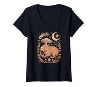 Women's Goblincore Woodland Capybara Sitting Beneath a Magic Moon V-Neck T-Shirt