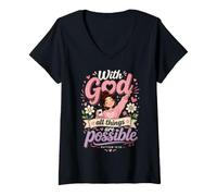 Women's God All Things are Possible Matthew 19:26 Bible Verse V-Neck T-Shirt