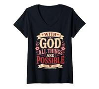 Women's God All Things are Possible Matthew 19:26 Bible Verse V-Neck T-Shirt