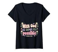 Women's God All Things are Possible Matthew 19:26 Bible Verse V-Neck T-Shirt