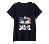 Womens God Bless America 4th of July Christian Patriot USA Flag V-Neck T-Shirt