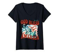 Women's God Bless America Cool Patriotic Statue of Liberty & Flag V-Neck T-Shirt