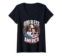 Womens God Bless America Flag Jesus Christian Eagle Republican V-Neck T-Shirt