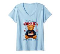 Womens God Bless America Teddy Bear 4th of July USA Flag V-Neck T-Shirt