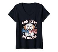Womens God Bless My Doodle American Flag Puppy USA Pride V-Neck T-Shirt