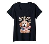 Womens God Bless My Doodle Patriotic Christian USA Puppy V-Neck T-Shirt