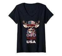Women's God Bless The USA Funny Patriotic Cool Deer Buck in Hat V-Neck T-Shirt