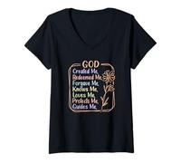Womens God Created, Redeemed, Forgave, Loves Me V-Neck T-Shirt