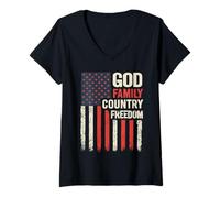 Womens God Family Country Freedom Christians Patriotic USA Flag V-Neck T-Shirt