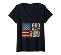 Womens God Family Country Freedom USA Flag Christian Jesus Faith V-Neck T-Shirt