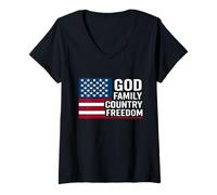 Womens God Family Country Freedom USA Flag Christian Jesus Faith V-Neck T-Shirt