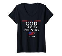 Womens God Family Country US Flag Christian Saying Freedom Jesus V-Neck T-Shirt