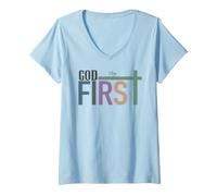 Women's God First Christian Faith Scripture Worship Belief V-Neck T-Shirt