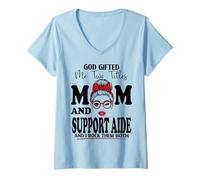 Women's God Gifted Me Two Titles Mom and Support Aide Mothers Day V-Neck T-Shirt