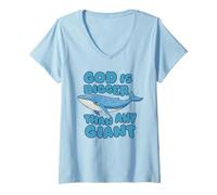 Women's God is Bigger Than Any Giant Blue Whale Cute Christian Kids V-Neck T-Shirt