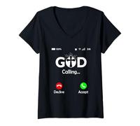 Womens God is Calling Phone Screen Religious Humor Christian V-Neck T-Shirt