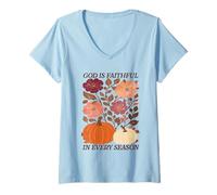 Womens God is Faithful in Every Season Boho Floral Fall Christian V-Neck T-Shirt