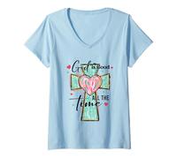 Womens God Is Good All The Time Heart Cross V-Neck T-Shirt