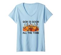 Womens God is Good All The Time Pumpkin Autumn V-Neck T-Shirt
