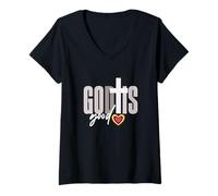Womens God is Good Cross with Heart Faith Quote V-Neck T-Shirt