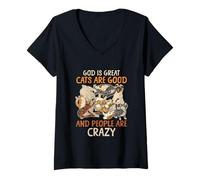 Womens God is Great Cats are Good and People are Crazy Saying V-Neck T-Shirt