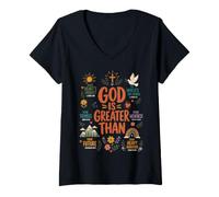 Women's God is Greater Than Christian Faith Scripture Affirmations V-Neck T-Shirt