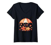 Womens God is My Shelter Umbrella Autumn Leaves V-Neck T-Shirt